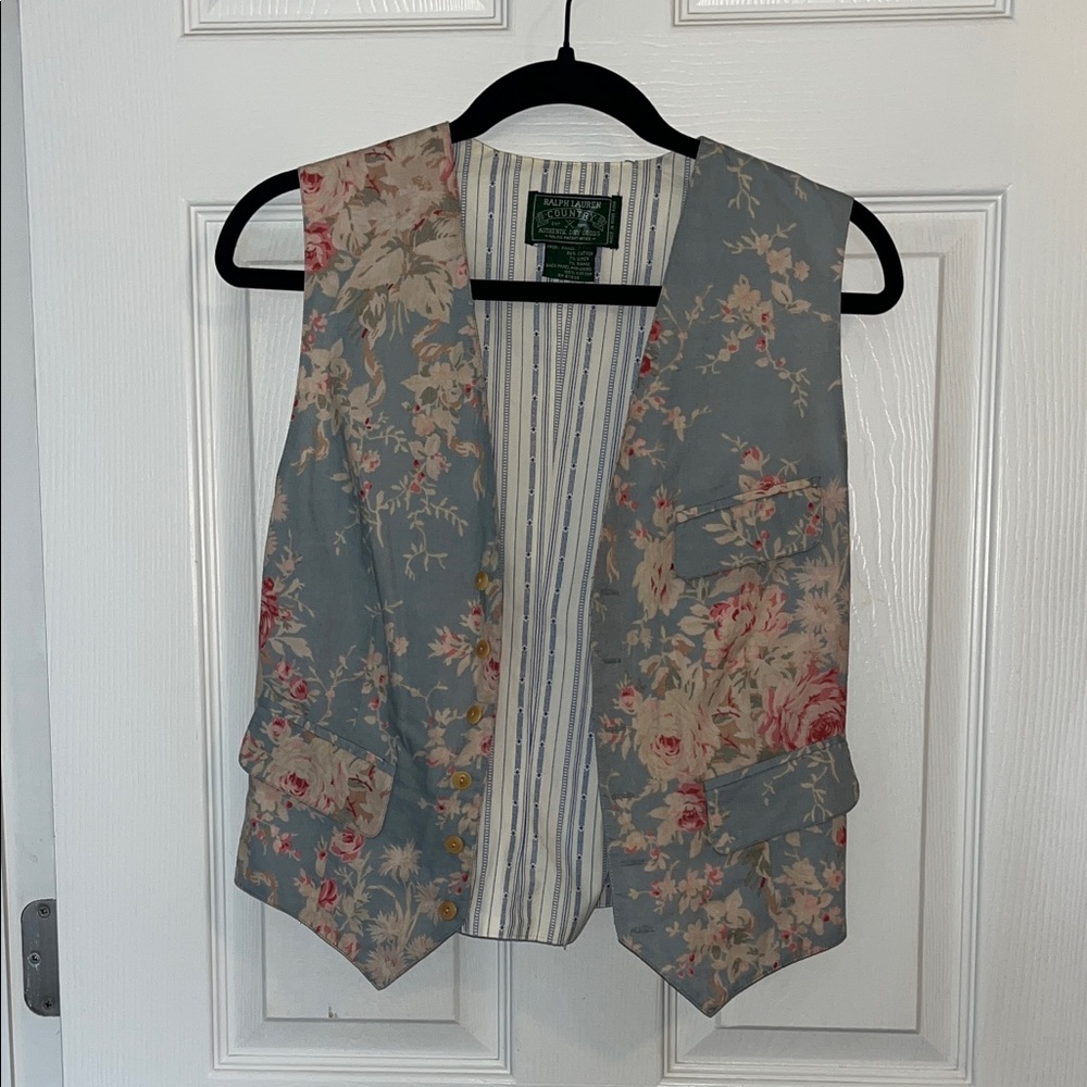 Ralph Lauren Blue Floral Cotton Vest with Pink Blooms - Picture 5 of 5